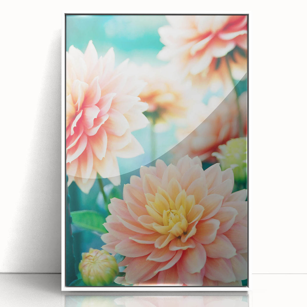Art deco poster of spring season with pastel colors on white framed acrylic, ideal for nursery wall art.