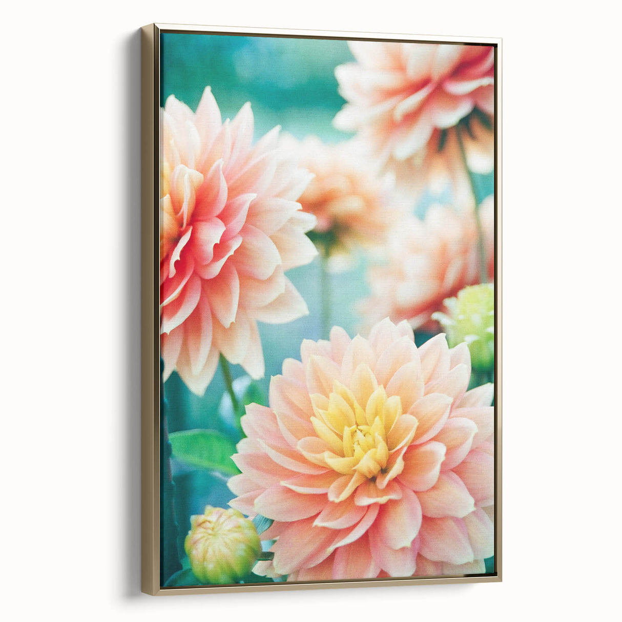 Framed canvas of a vintage-style landscape painting featuring spring season in muted green and gold tones.