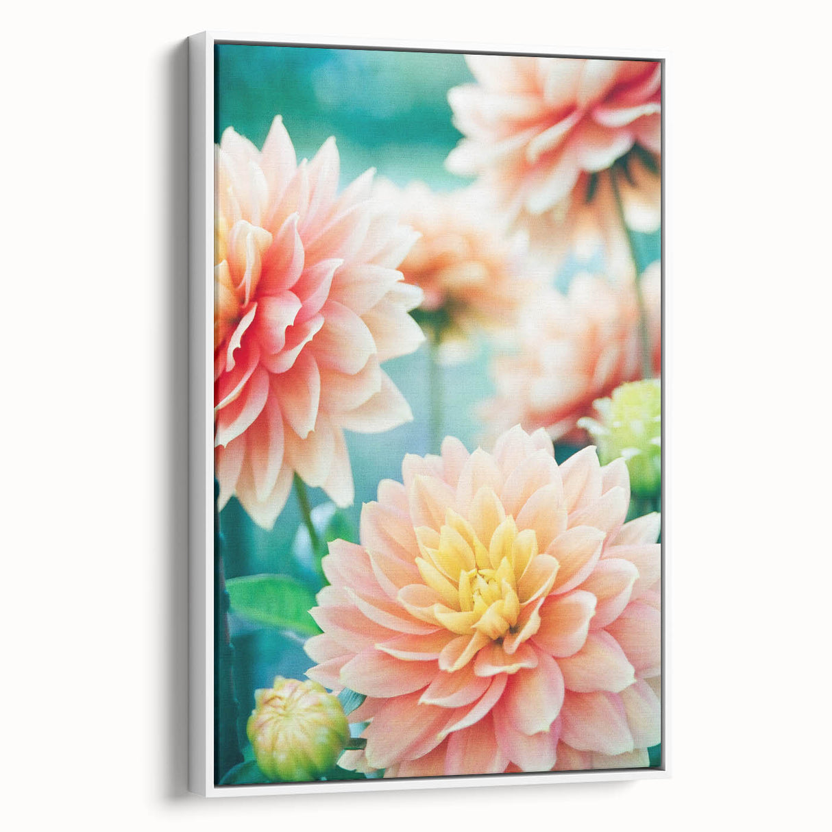 Vintage poster art of spring season on framed canvas, featuring colorful floral motifs on a black background.