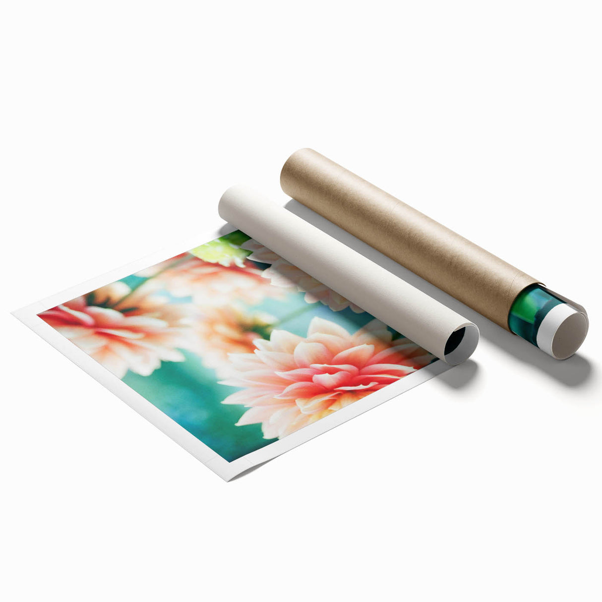 Extra large rolled print of spring-themed floral art in pastel colors.
