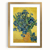 Abstract art print featuring swirls of blue and yellow on a framed canvas, suitable for bedroom or dining room decor.