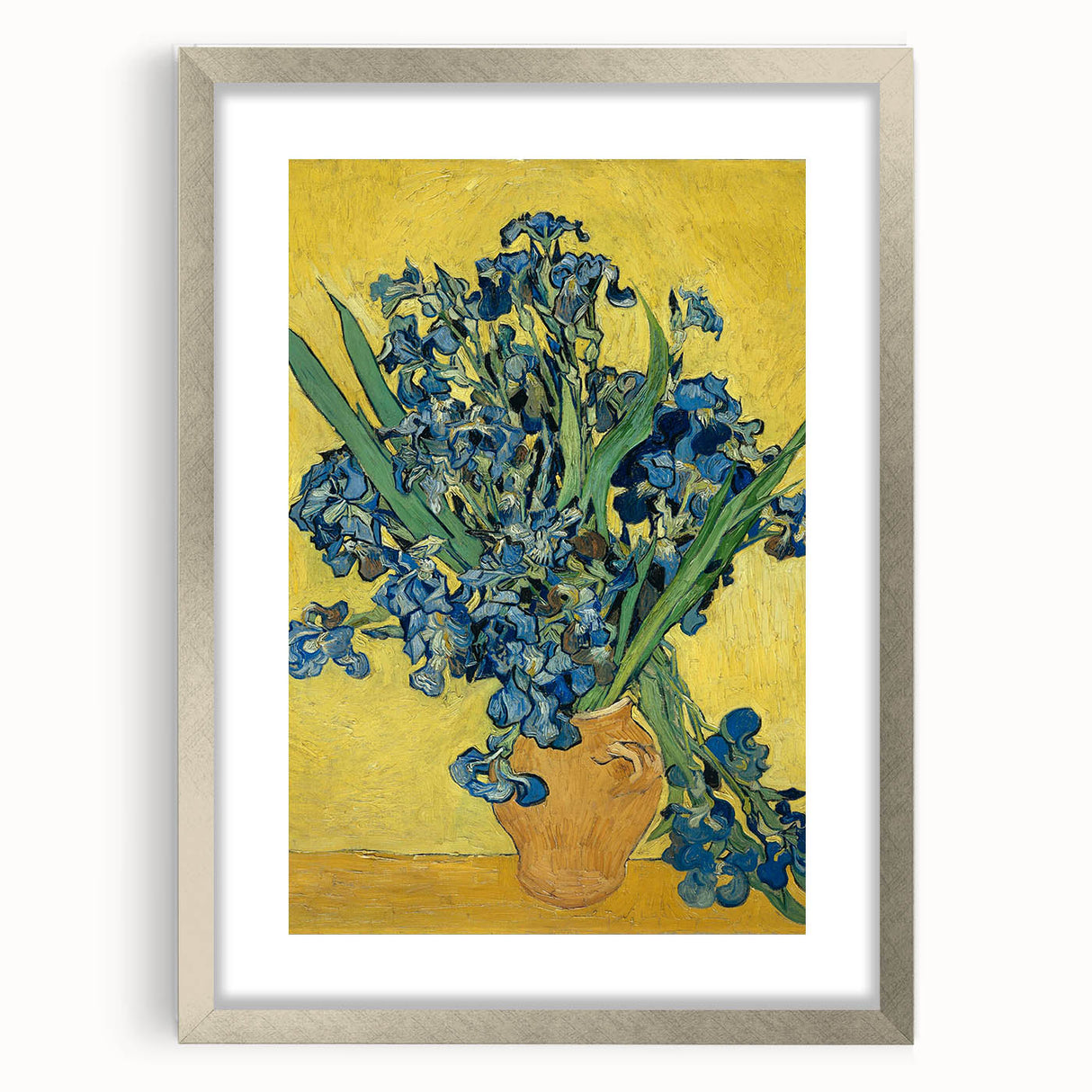 Extra large abstract art print on canvas, featuring swirling textured patterns in blue and yellow tones, framed in silver.