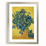 Extra large abstract art print on canvas, featuring swirling textured patterns in blue and yellow tones, framed in silver.