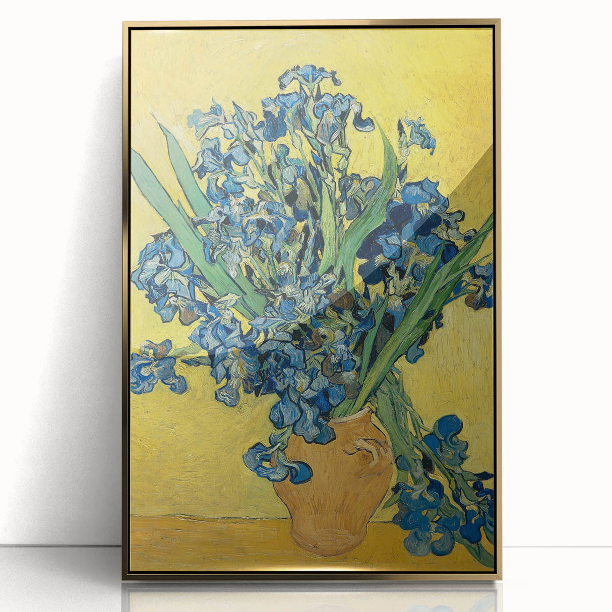 Art deco poster of Van Gogh in gold frame, featuring vibrant blues and yellows, ideal for nursery wall art.