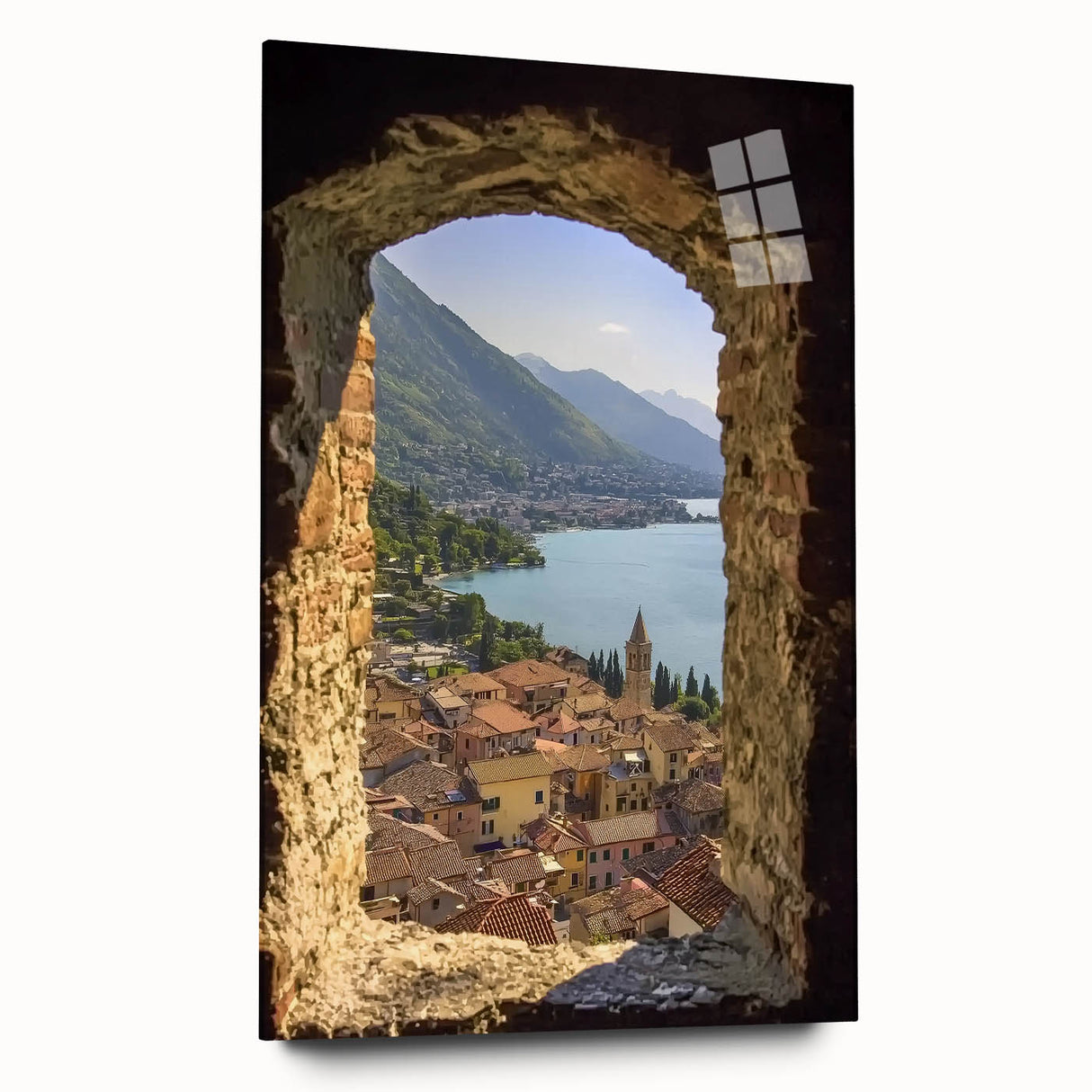 Acrylic glass artwork displaying a side view of a majestic castle landscape, featuring vivid colors and intricate details, ideal for home decor enthusiasts and art collectors.