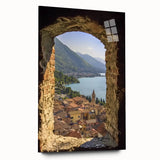 Acrylic glass artwork displaying a side view of a majestic castle landscape, featuring vivid colors and intricate details, ideal for home decor enthusiasts and art collectors.