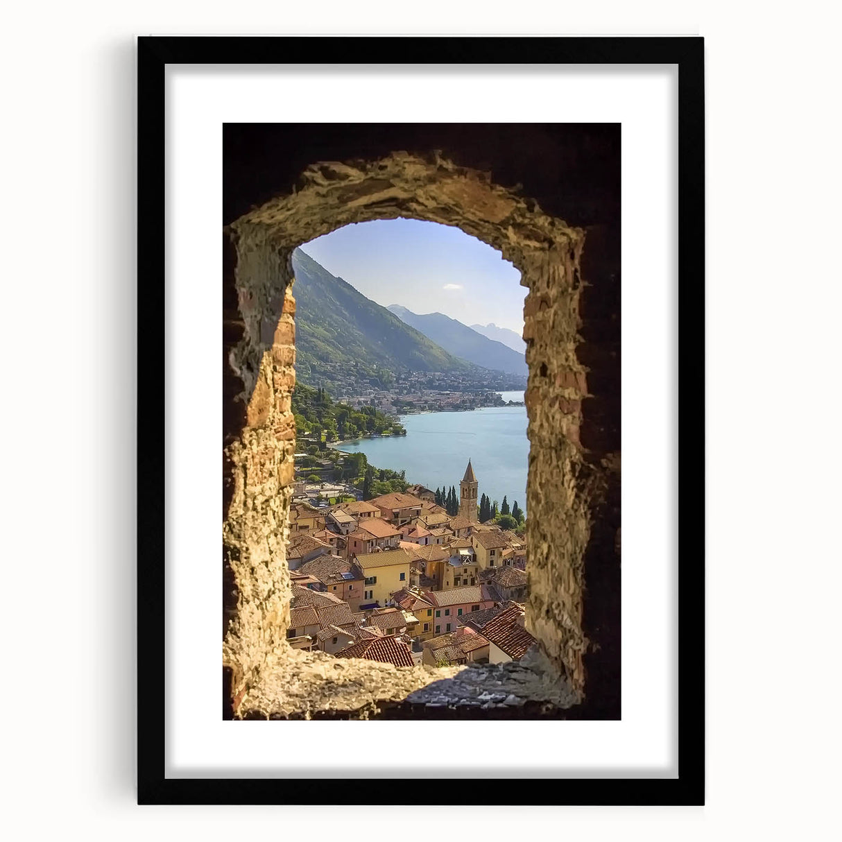 Framed landscape artwork depicting a majestic castle, featuring a black mat and sleek frame, ideal for home decor and art enthusiasts. The image showcases intricate details and vibrant colors that enhance any living space, making it a perfect centerpiece for rooms with a classic or elegant style.