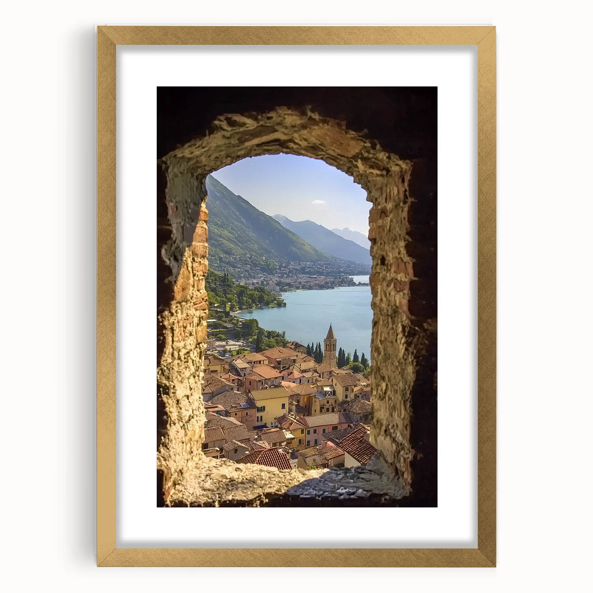 Elegant gold-framed landscape artwork featuring a majestic castle scene, enhanced by a white mat, ideal for home decor or gallery display, adding sophistication and charm.