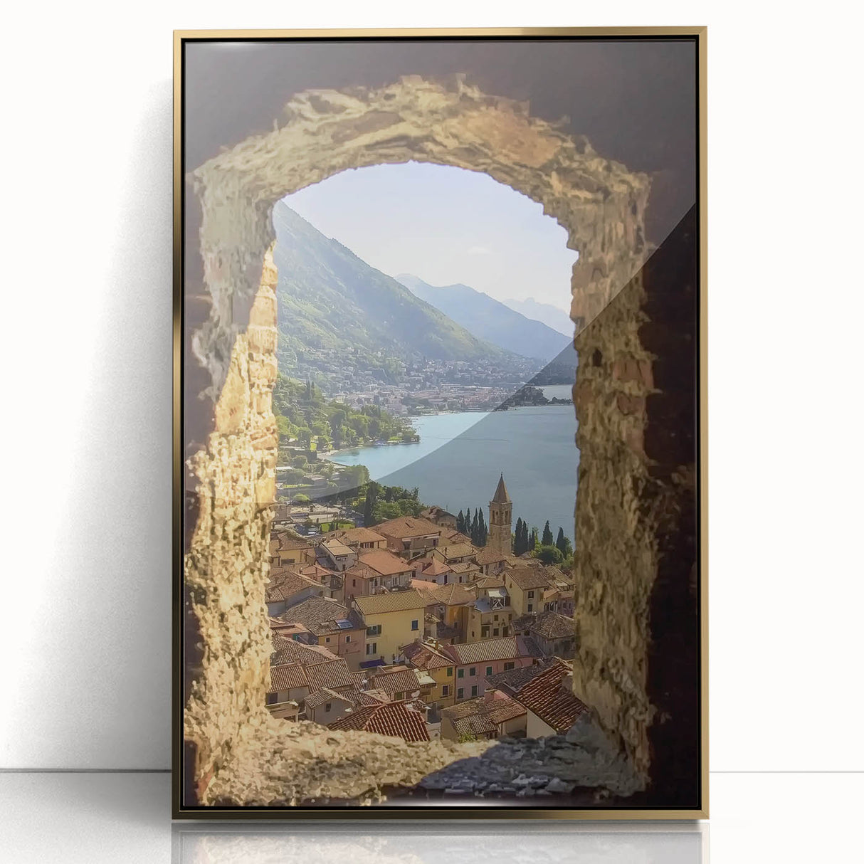 Framed acrylic artwork showcasing a stunning landscape with a castle, featuring intricate details and a gold frame, perfect for home decor enthusiasts.