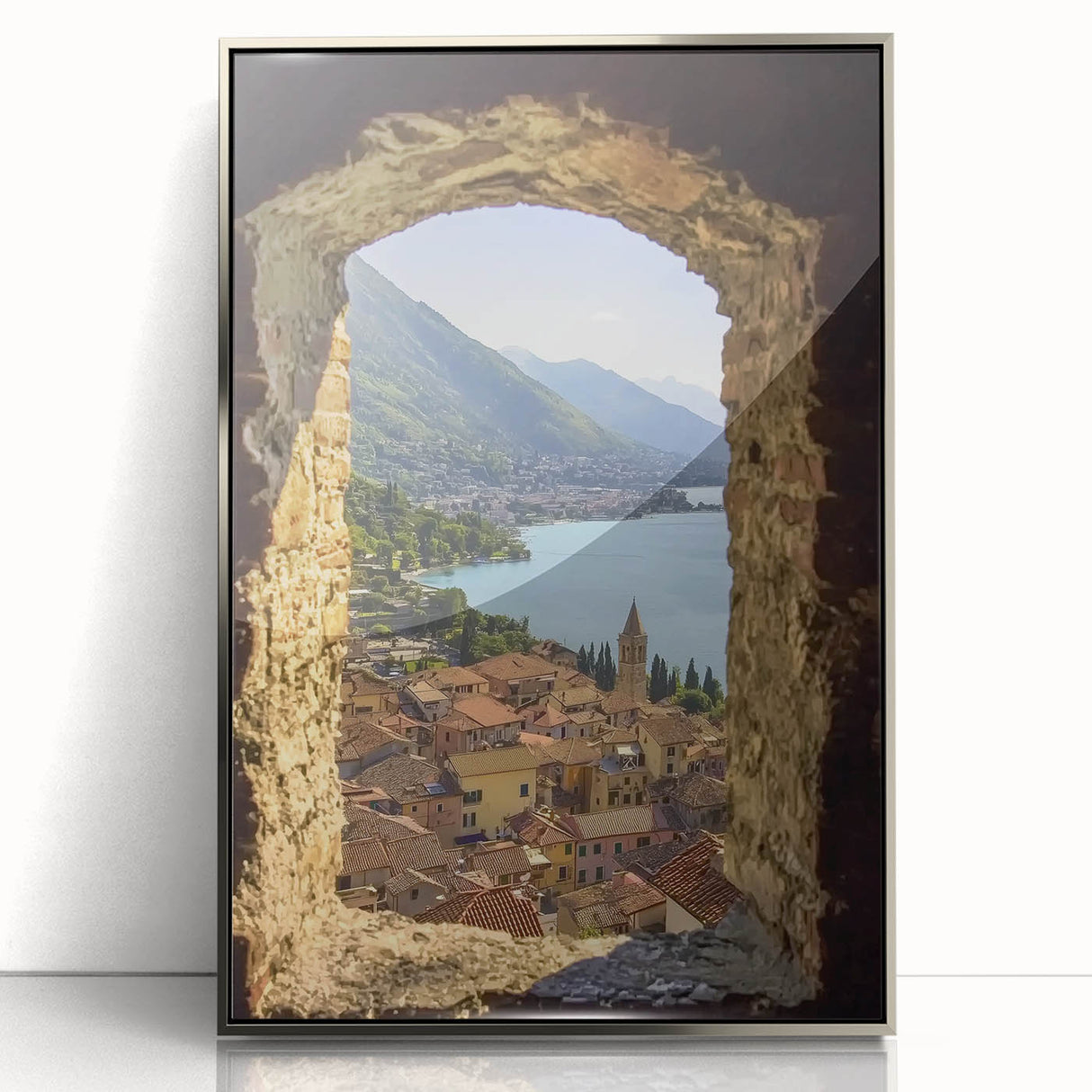 Framed acrylic artwork showcasing a stunning landscape with a majestic castle, featuring a silver front and intricate details, perfect for home decor enhancement.