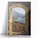 Framed acrylic wall art depicting a picturesque landscape with a castle, featuring a white border and vibrant colors, ideal for home decor enthusiasts.