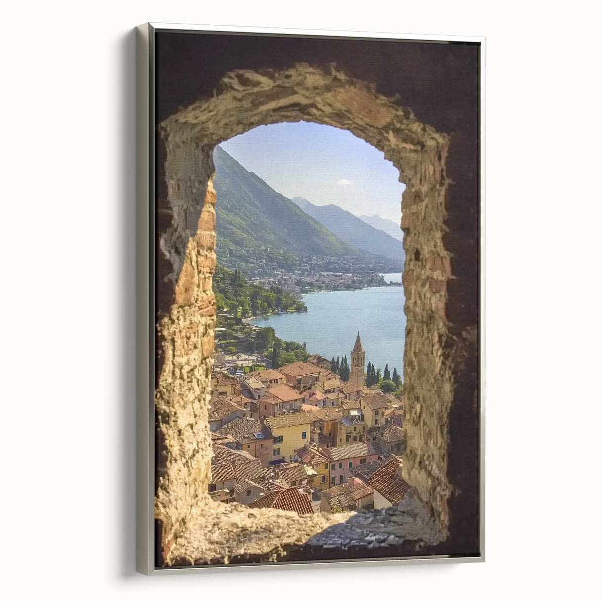 Framed canvas artwork depicting a serene landscape with a majestic castle, set against a twilight sky. The piece features a silver frame that enhances its elegance, making it a perfect addition to any decor.