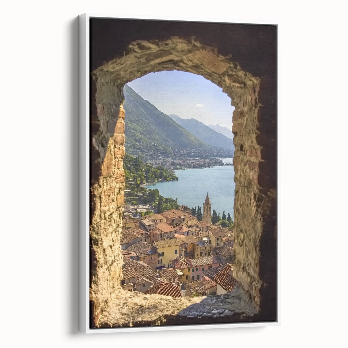 Framed canvas artwork showcasing a picturesque landscape with a castle, set against a serene background, featuring vibrant colors and detailed brushwork, ideal for home decor.