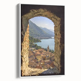 Framed canvas artwork showcasing a picturesque landscape with a castle, set against a serene background, featuring vibrant colors and detailed brushwork, ideal for home decor.