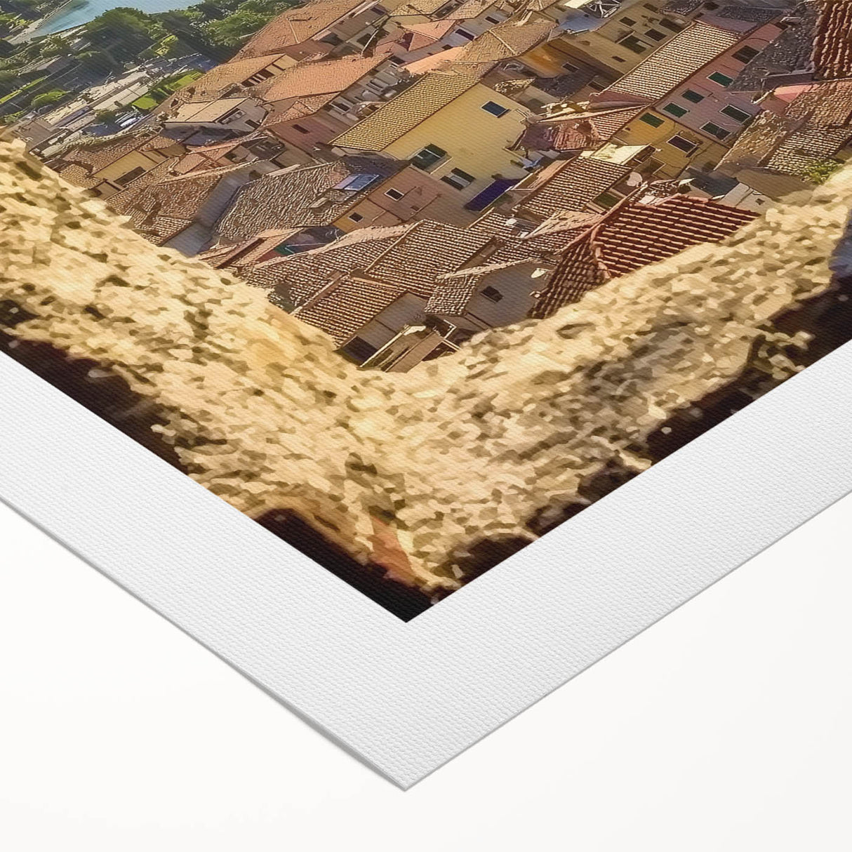Rolled canvas showcasing a vibrant landscape with a majestic castle, featuring rich colors and detailed textures, securely packaged in a protective cardboard tube.