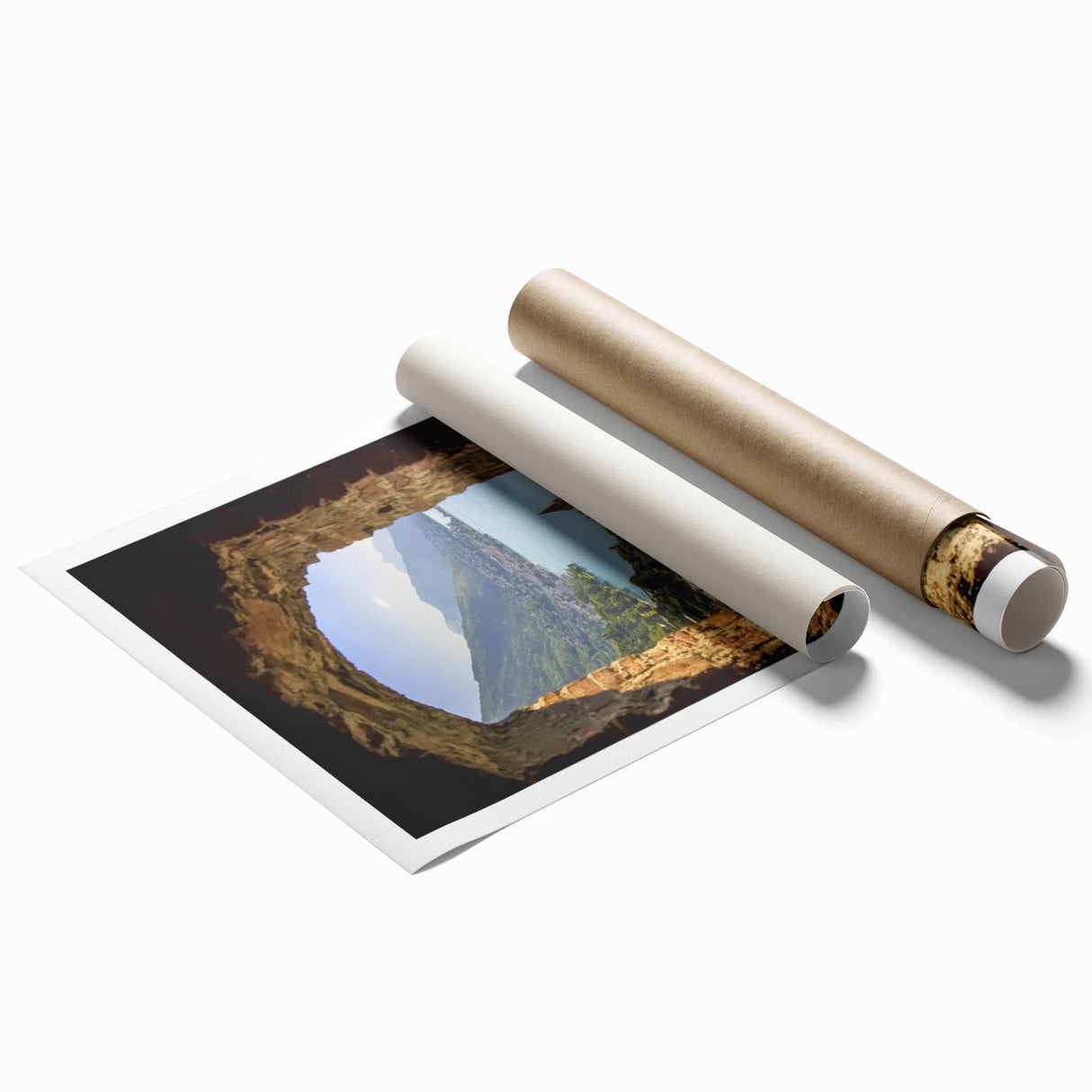 Rolled print showcasing a vibrant landscape with a majestic castle set against a colorful sunset sky, ideal for home decor in living rooms or offices.