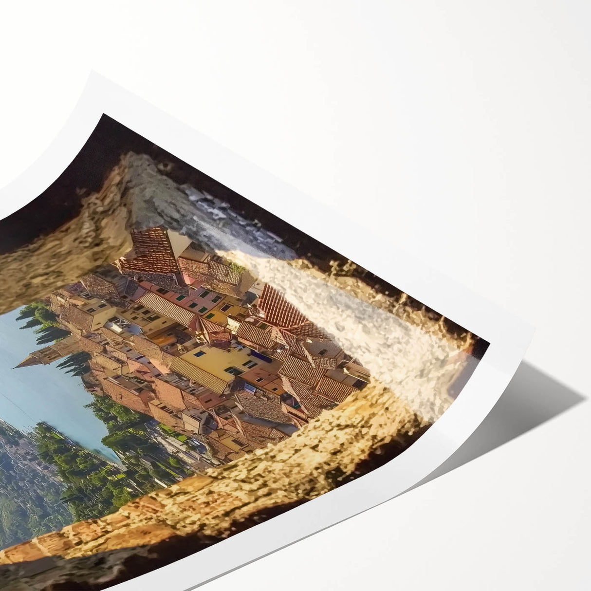 Stunning rolled print showcasing a vibrant landscape featuring a majestic castle surrounded by lush greenery and a clear blue sky, ideal for home decor.