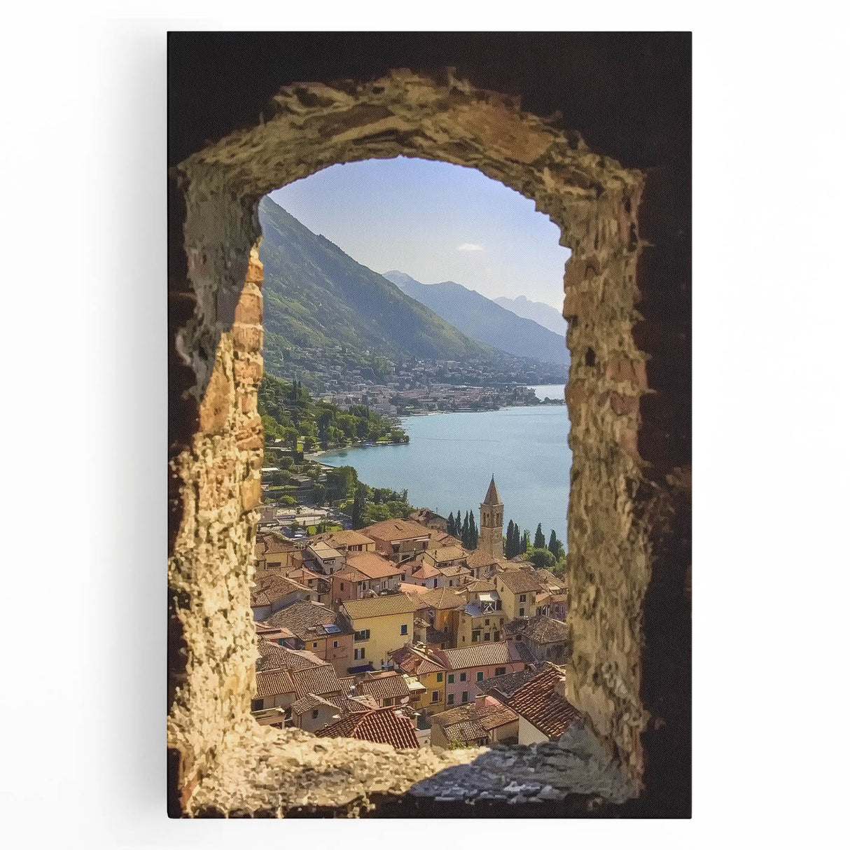 Stretched canvas artwork depicting a vibrant landscape featuring a majestic castle surrounded by lush greenery under a clear blue sky, ideal for home decor.