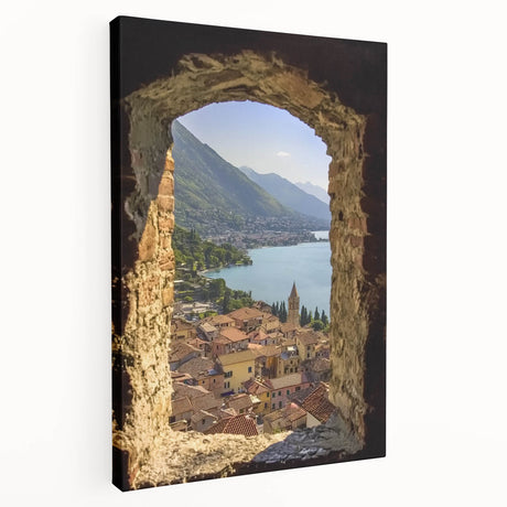 Stretched canvas artwork depicting a serene landscape with a majestic castle, showcasing vibrant colors and intricate details, ideal for enhancing home decor.