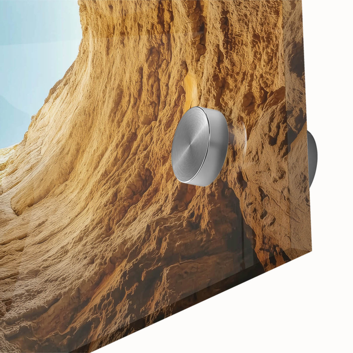 Close-up of an acrylic and glass artwork showcasing vibrant landscapes and cave formations, highlighting intricate details and textures for a stunning visual impact.