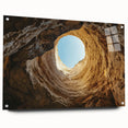 Acrylic glass artwork showcasing a vibrant landscape with cave formations, framed from a side view and secured with pins, ideal for modern decor enthusiasts.