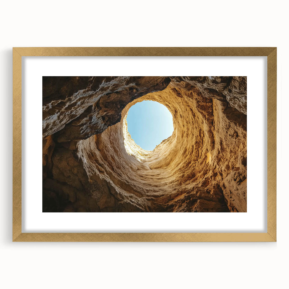 Elegant gold-framed landscape artwork featuring intricate cave designs, displayed with a white mat for added contrast, perfect for enhancing any interior decor.