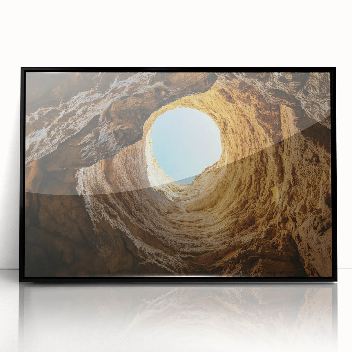 Framed acrylic artwork showcasing a stunning cave landscape in vivid colors, featuring a sleek black frame that enhances the visual appeal, ideal for modern decor.