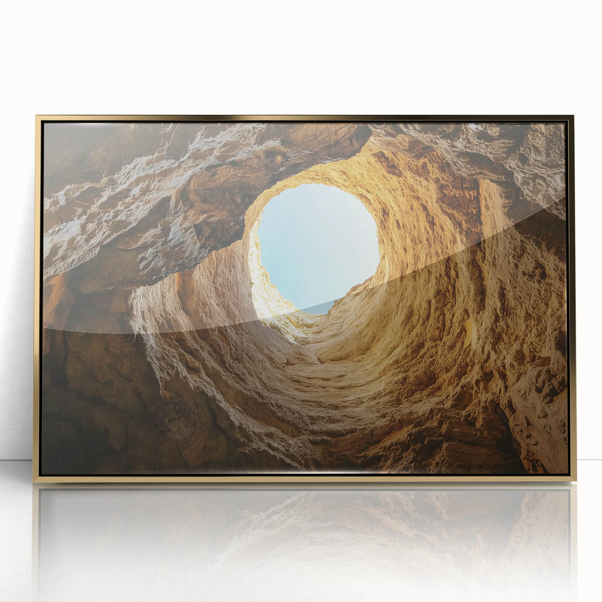 Framed acrylic artwork titled "Landscapes Caves" showcasing a stunning gold design, perfect for home decor, enhancing modern interiors with a touch of elegance.