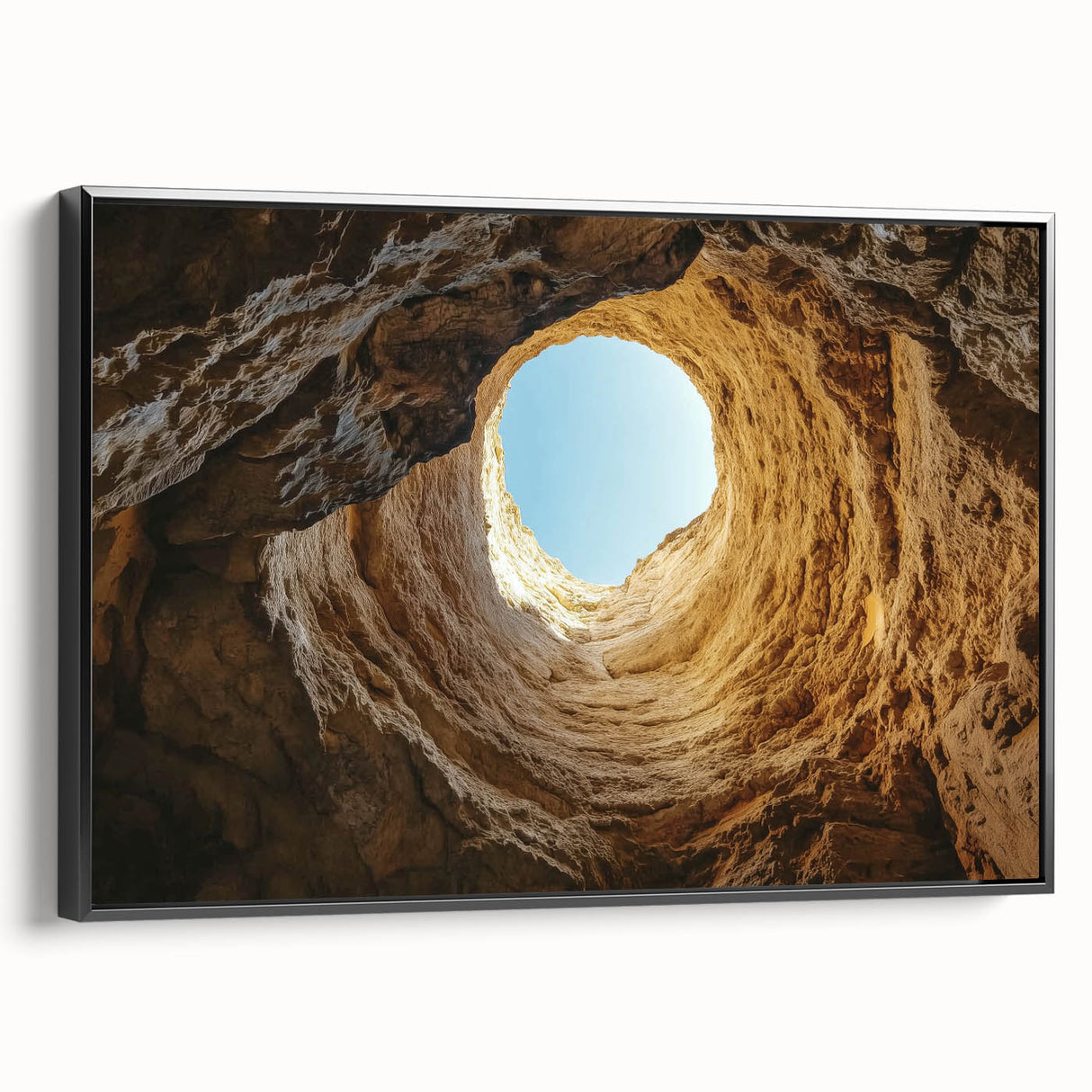 Framed canvas artwork depicting vibrant landscapes and caves, showcasing intricate details and textures, with a sleek black frame enhancing its modern aesthetic. Perfect for adding a touch of nature-inspired elegance to any interior decor.