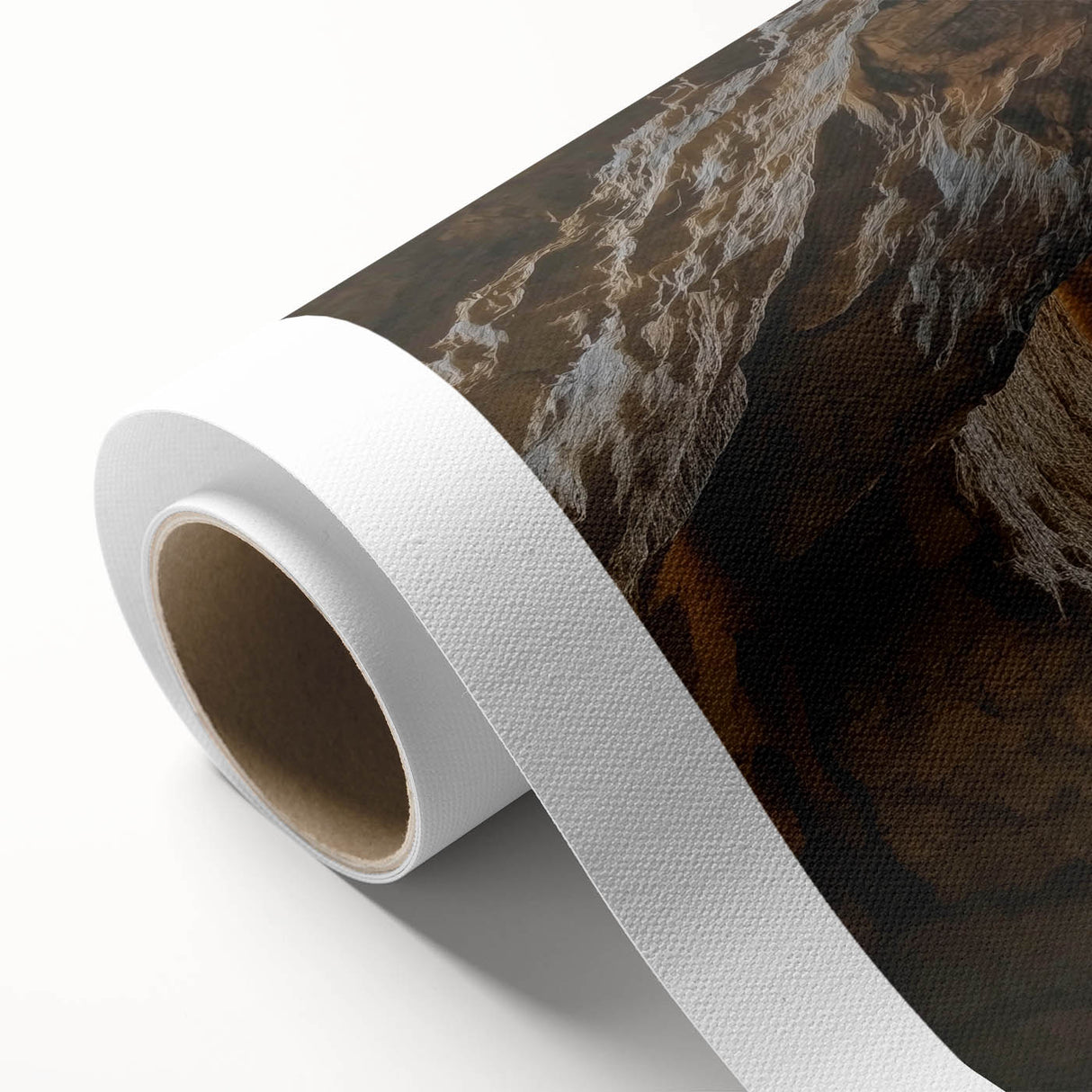 Rolled canvas showcasing a vibrant landscape scene with caves, featuring rich colors and intricate details, ideal for home decor or art enthusiasts.
