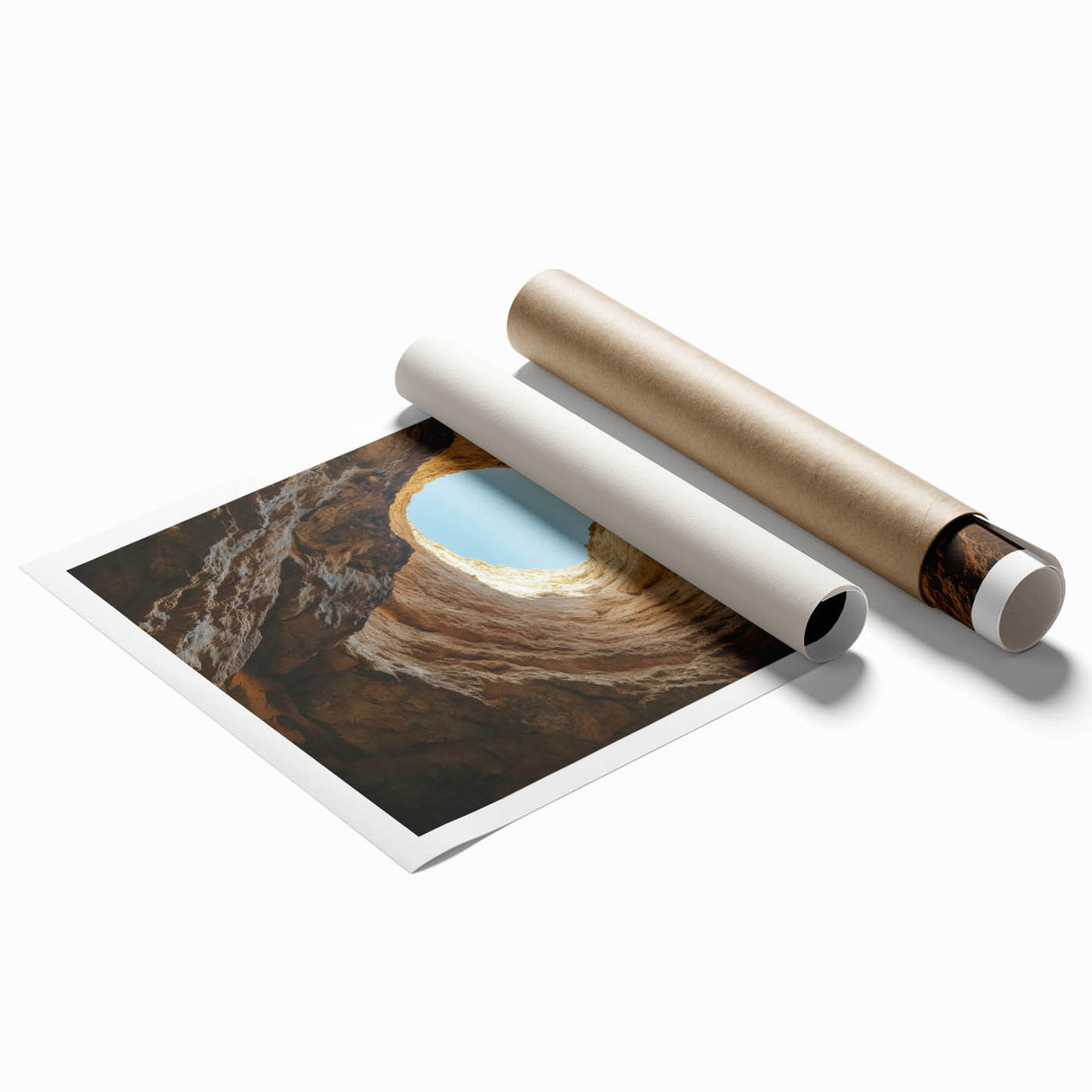Stunning rolled print showcasing a vibrant landscape with intricate cave formations, perfect for home decor. Features rich colors and detailed textures.