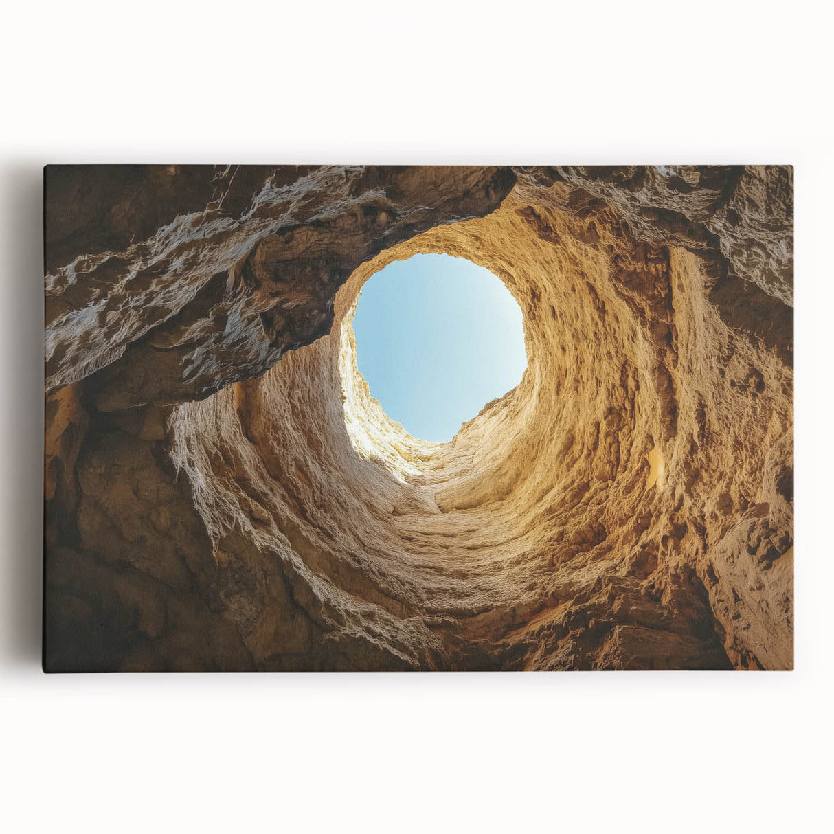 Stretched canvas artwork showcasing a stunning landscape with intricate cave formations, rich earthy tones, and detailed textures, perfect for enhancing home decor.
