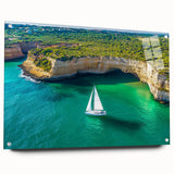 Acrylic glass artwork depicting dramatic cliffs and landscapes, showcasing vibrant colors and intricate details, mounted with pins for a contemporary display.