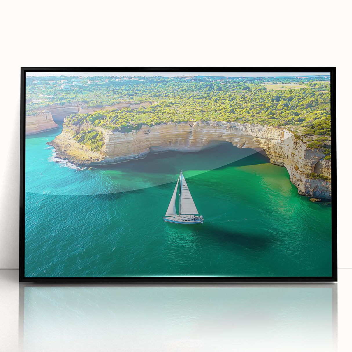 Framed acrylic artwork showcasing dramatic cliffs and landscapes in a sleek black frame, ideal for modern decor and nature enthusiasts. Perfect for brightening living spaces.