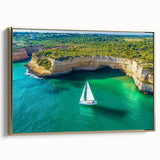 Framed canvas artwork depicting a serene landscape with dramatic cliffs and a golden frame, ideal for enhancing modern home decor and interior design aesthetics.