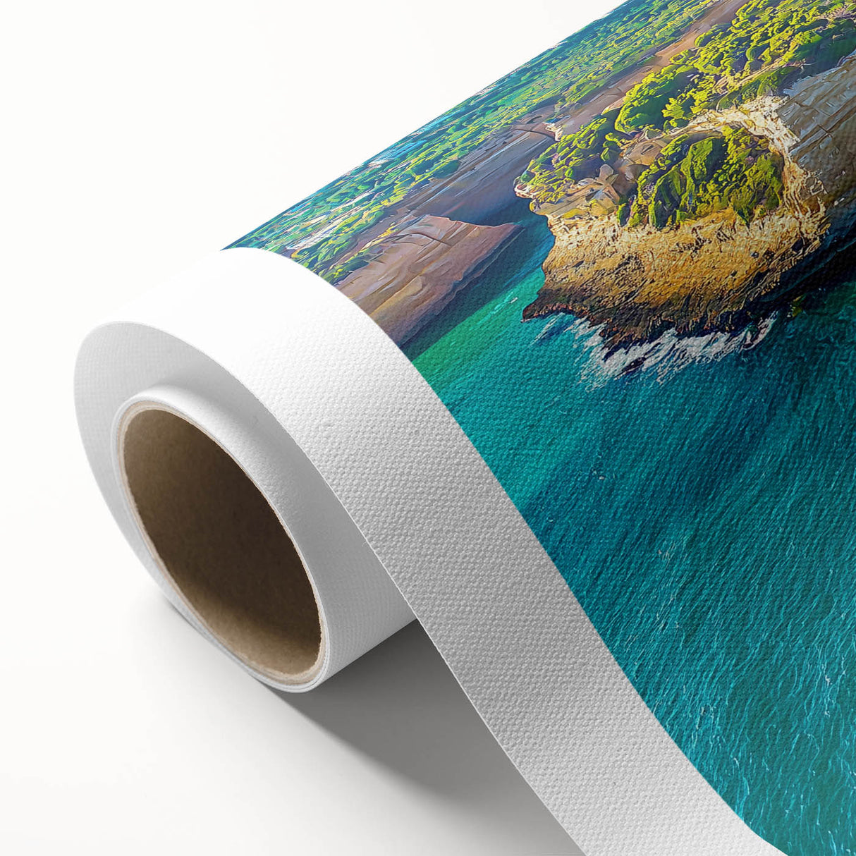 Vibrant rolled canvas artwork depicting dramatic cliffs and landscapes, showcasing rich colors and textures, ideal for home decor or art enthusiasts.