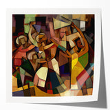 Abstract figurative art print mockup featuring vibrant colors and dynamic shapes, set against a glossy background, ideal for showcasing modern decor concepts.