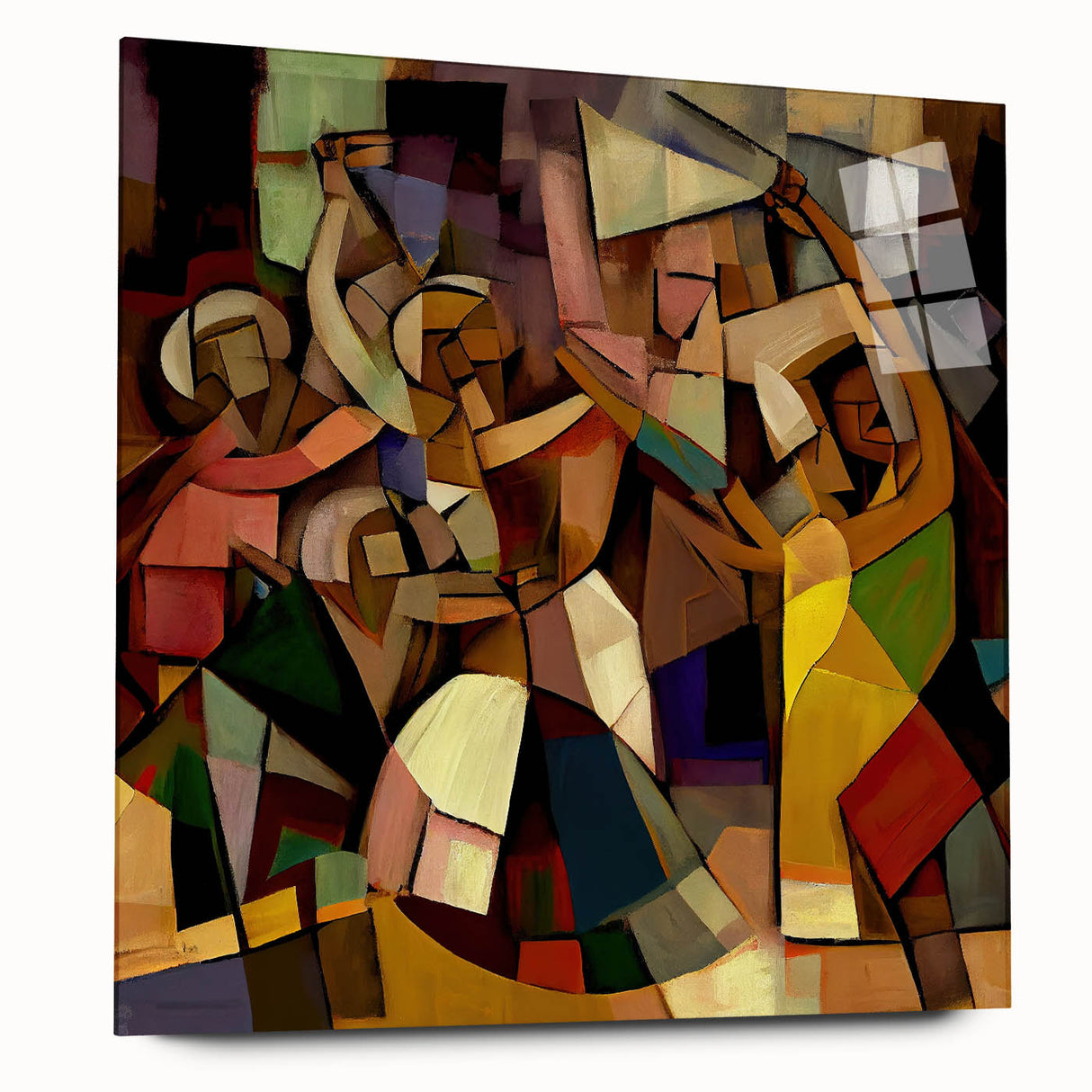 Abstract figurative acrylic artwork displayed in a modern glass frame, showcasing vibrant colors and dynamic shapes, perfect for contemporary home decor.