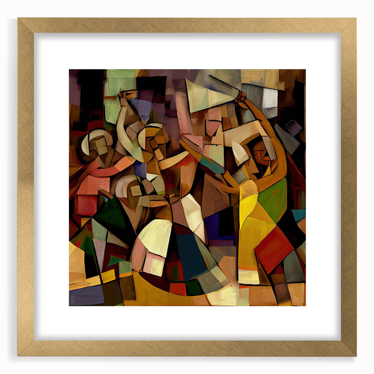 Abstract figurative frame with a matte gold finish, showcasing intricate designs and textures, ideal for enhancing modern decor and adding elegance to any space.