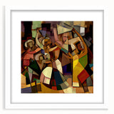 Abstract figurative frame with a white mat, showcasing a modern art piece that blends colors and shapes, perfect for contemporary home decor. Ideal for enhancing living spaces with artistic flair.