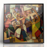 Framed abstract figurative art in black acrylic, showcasing dynamic shapes and contrasting tones, perfect for modern decor in living spaces or offices.