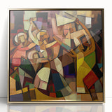 Framed abstract figurative artwork in gold tones, showcasing bold shapes and elegant lines, perfect for modern home decor or art enthusiasts.