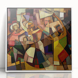 Framed abstract figurative art piece displayed against a white background, showcasing vibrant colors and dynamic shapes, perfect for modern home decor.