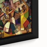 Abstract figurative framed canvas artwork showcasing vibrant colors and dynamic shapes, perfect for modern decor. Ideal for art enthusiasts seeking unique home accents.