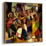 Abstract figurative framed canvas artwork in silver and gold tones, showcasing modern design elements against a neutral background, perfect for contemporary decor.