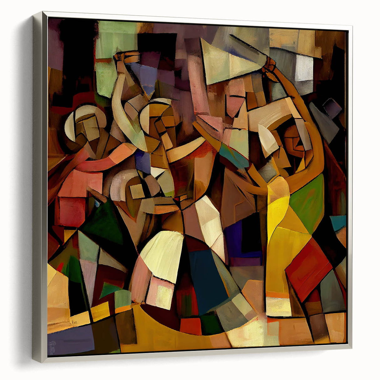 Framed abstract figurative canvas artwork with a silver frame showcasing vibrant colors and dynamic shapes, ideal for modern home decor.