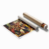 Abstract figurative rolled print showcasing vibrant colors and dynamic shapes, elegantly packaged in a protective cardboard tube for art lovers and collectors.