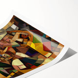 Abstract figurative rolled print showcasing vibrant hues of blue and orange with geometric patterns, elegantly packaged in a protective cardboard tube for safe transport.