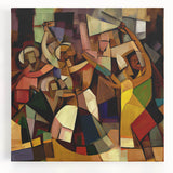 Abstract figurative stretched canvas artwork showcasing vibrant colors and dynamic shapes, ideal for modern home decor, enhancing artistic atmospheres and creativity.