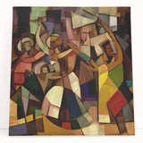 Abstract figurative stretched canvas art piece leaning against a neutral wall, showcasing vibrant colors and dynamic shapes, perfect for modern home decor.